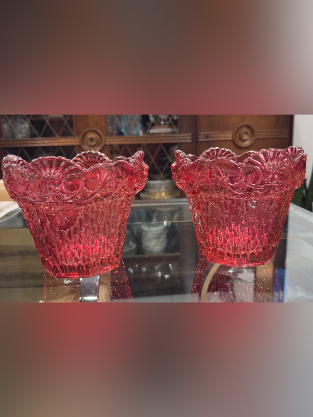 Set of 2 Vintage Cranberry Flashed Glass Planters